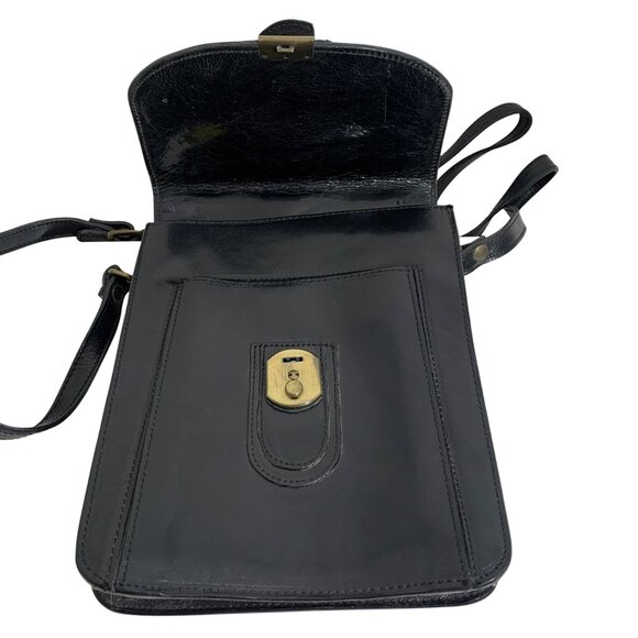 Vintage 80s Black Leather Top Handle Accordion Shoulder Bag Front Flap Clasp - Picture 7 of 11